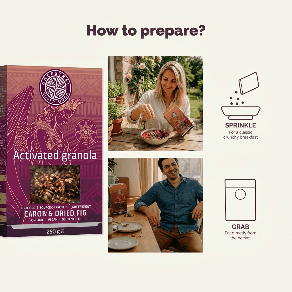 AURORA – crunchy, activated granola with carob and dried figs (Box of 6 × 250 g)