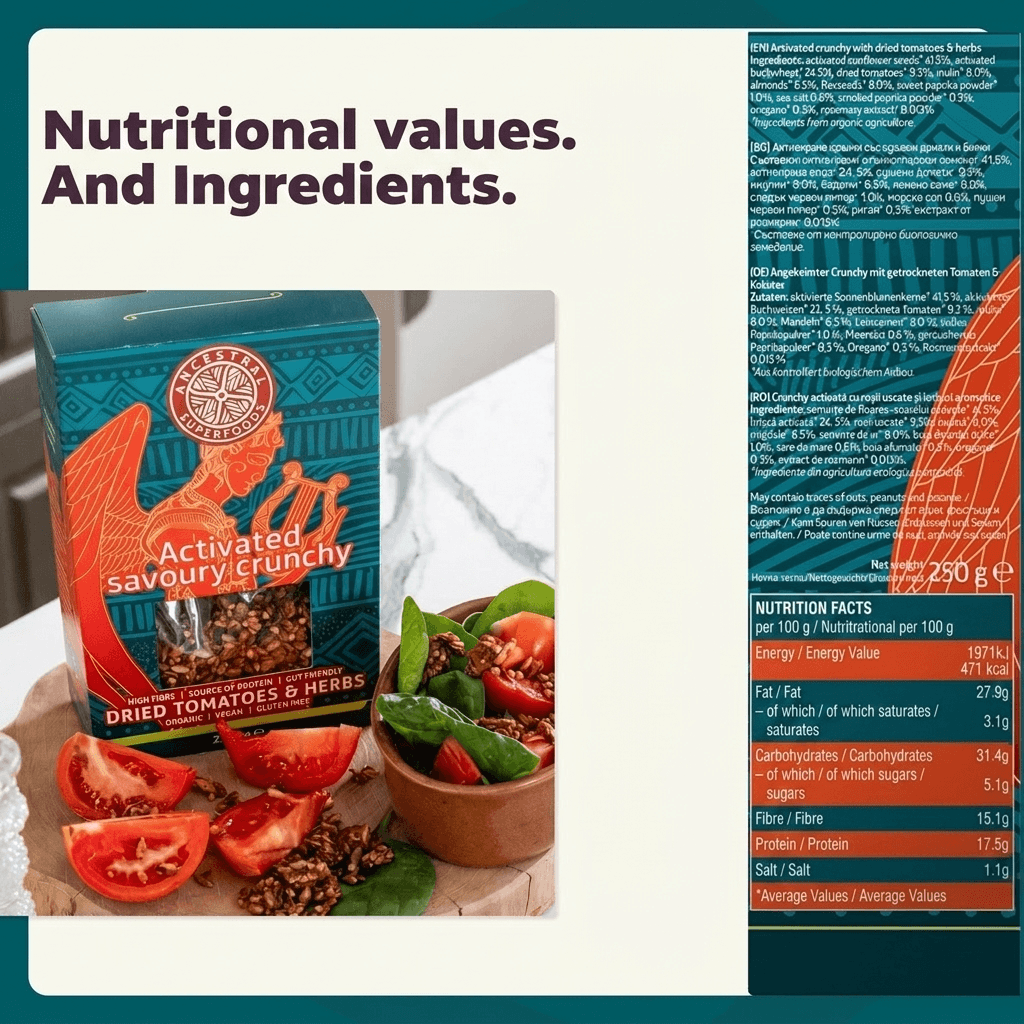 ORPHEUS – activated savoury crunch with dried tomatoes and herbs (Box of 6 × 250 g)
