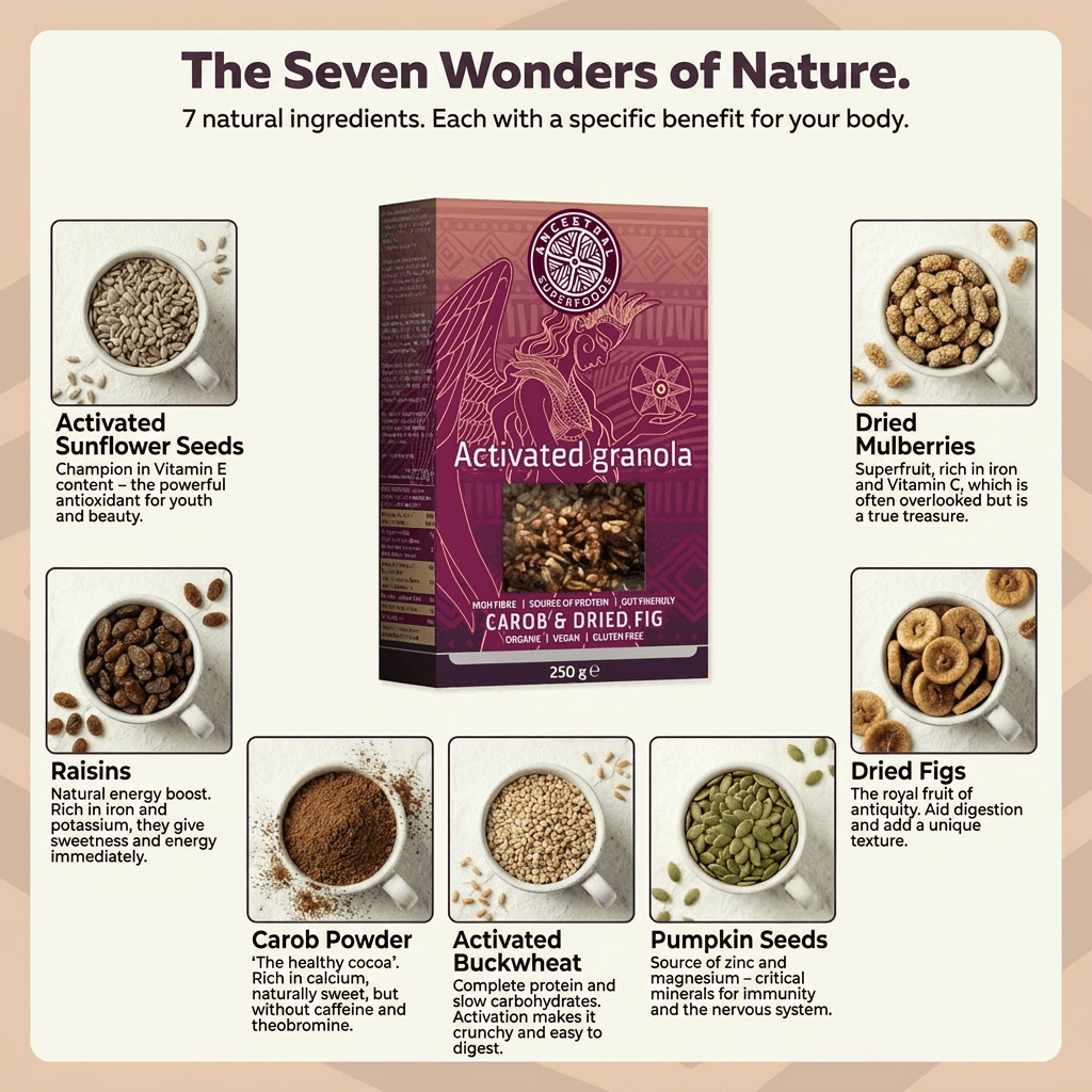 AURORA – crunchy, activated granola with carob and dried figs (Box of 6 × 250 g)