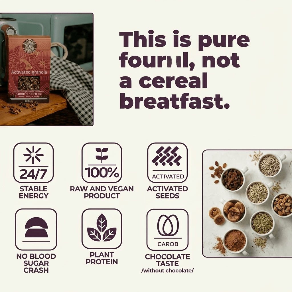 AURORA – crunchy, activated granola with carob and dried figs (Box of 6 × 250 g)